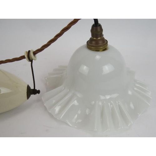 185 - An antique rise and fall parlour ceiling light with fluted opaline shade and original porcelain pull... 