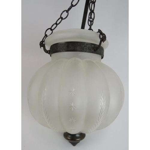 187 - An antique style pendant light with cut glass opaque shade and anodised bronze fittings. Drop: 45cm.... 