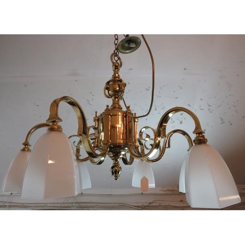 188 - A good quality brass six branch chandelier with opaline glass drop shades. Height without chain 52cm... 