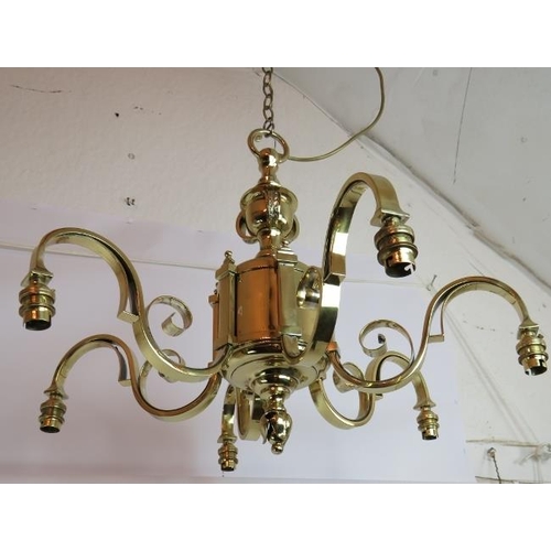 188 - A good quality brass six branch chandelier with opaline glass drop shades. Height without chain 52cm... 