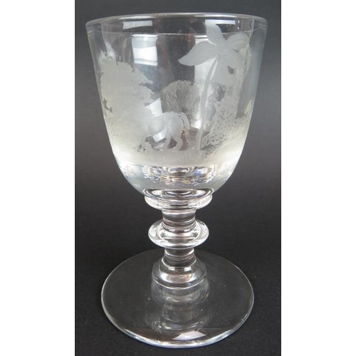 19 - Eleven mixed ornately engraved 19th century glasses including a Queen Victoria monogrammed wine glas... 