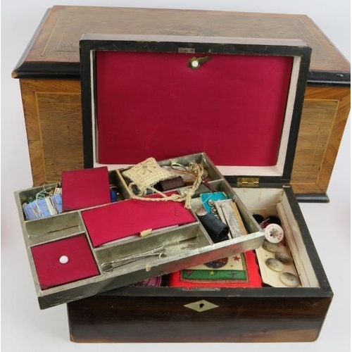 194 - A large 19th Century music box case (47cm x 27cm x 22cm), a mahogany sewing box with contents and tw... 