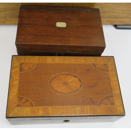 194 - A large 19th Century music box case (47cm x 27cm x 22cm), a mahogany sewing box with contents and tw... 