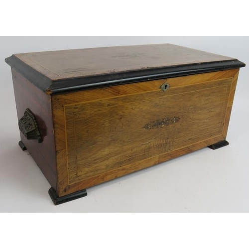 194 - A large 19th Century music box case (47cm x 27cm x 22cm), a mahogany sewing box with contents and tw... 