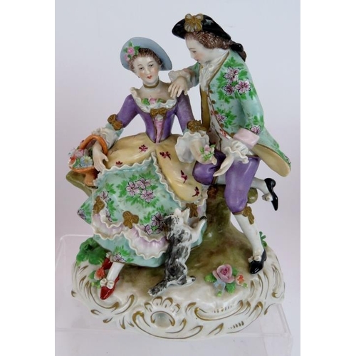 197 - A Sitzendorf porcelain figure of a courting couple, two similar unmarked figures and smaller figure ... 