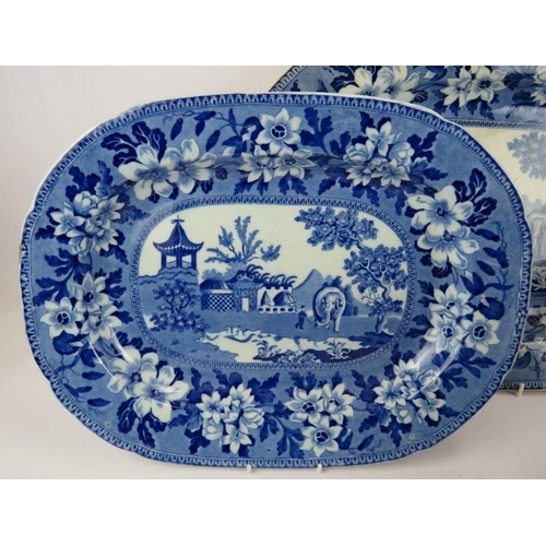 199 - Two large Rogers & Co blue and white elephant design meat platters, a large deer pattern meat platte... 