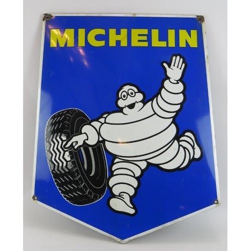 2 - A large vintage enamel shield shaped Michelin Tyres advertising sign, 63cm x 77cm.
Condition report:... 