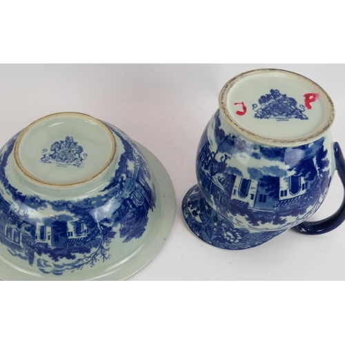 200 - A blue and white Victoria Ware toilet jug and bowl set. Bowl 31cm diameter. (2).
Condition report: N... 