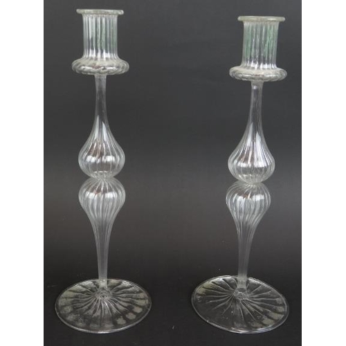 206 - A pair of clear Murano glass hand blown candlesticks, height 28cm plus a glass pin dish. (3).
Condit... 