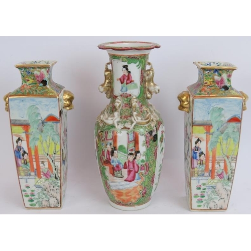 217 - A pair of antique Chinese Famille Rose square vases plus a similar vase with applied dragon decorati... 