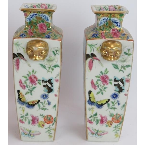 217 - A pair of antique Chinese Famille Rose square vases plus a similar vase with applied dragon decorati... 