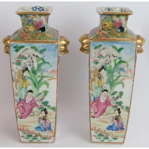 217 - A pair of antique Chinese Famille Rose square vases plus a similar vase with applied dragon decorati... 