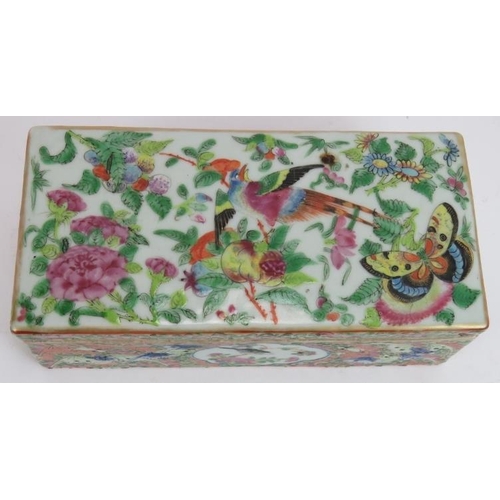 218 - A Chinese porcelain Famille Rose calligrapher's box hand decorated with birds and butterflies. 19cm ... 