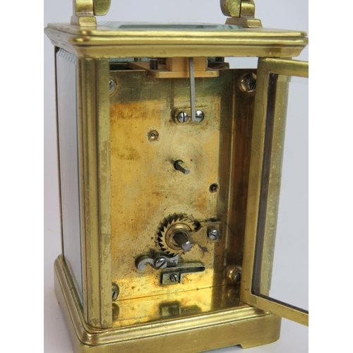 219 - A Mappin and Webb brass cased 8 day carriage clock with carry case and key. Height 15cm.
Condition r... 