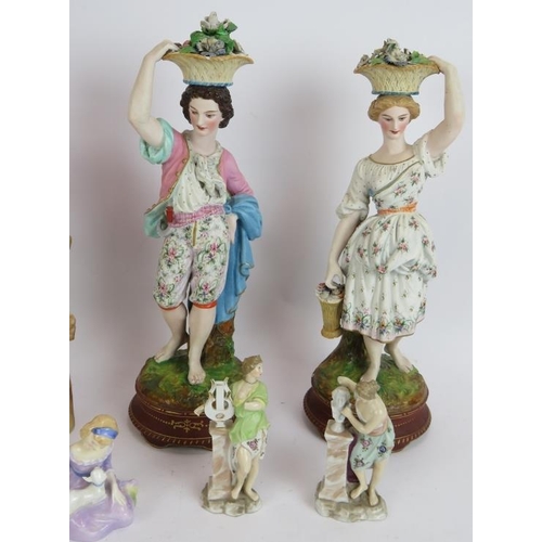 226 - A pair of French Chantilly figurines, a similar pair of Bisque figurines, two smaller pairs and a ro... 