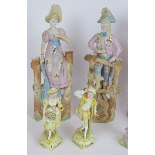 226 - A pair of French Chantilly figurines, a similar pair of Bisque figurines, two smaller pairs and a ro... 