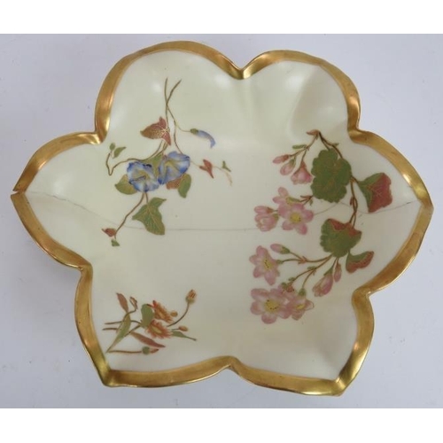 227 - An aesthetic movement Royal Worcester horn wall pocket, an ivory blush bowl and a small lidded trink... 