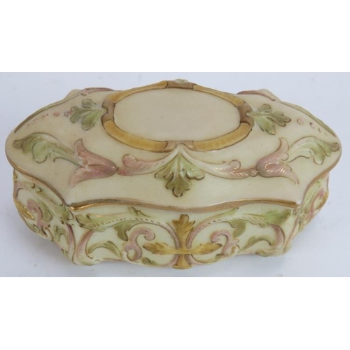 227 - An aesthetic movement Royal Worcester horn wall pocket, an ivory blush bowl and a small lidded trink... 