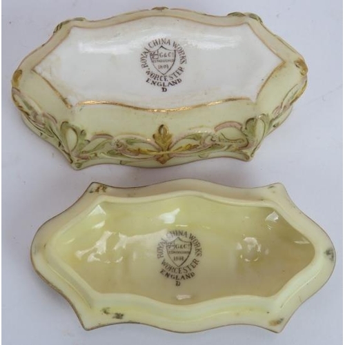 227 - An aesthetic movement Royal Worcester horn wall pocket, an ivory blush bowl and a small lidded trink... 