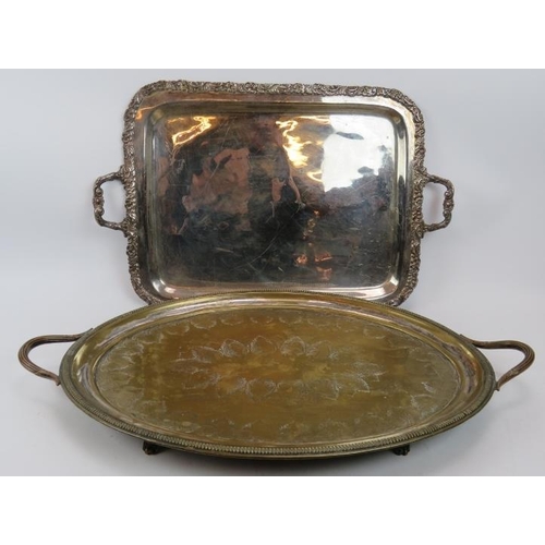 230 - Two large silver plated serving trays, one raised on four feet, plus an engraved copper tray. Larges... 