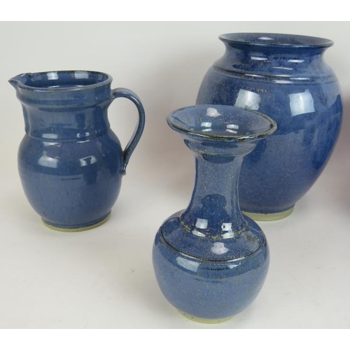 231 - Three pieces of blue Studio Pottery, signed to base and three ceramic planters. Tallest 21cm. (6).
C... 