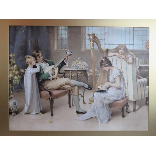 236 - A pair of decorative overpainted prints, depicting Georgian musical interior scenes, 47cm x 70cm, in... 