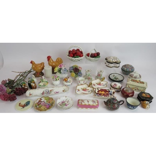 249 - A collection of small mainly porcelain boxes, dishes and ornaments including two Italian cherry bask... 