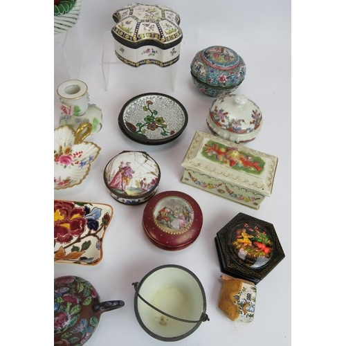 249 - A collection of small mainly porcelain boxes, dishes and ornaments including two Italian cherry bask... 