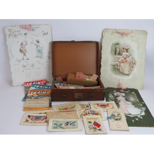 250 - Three antique die cut calendars for 1898, 1902 and 1903, a quantity of WWI silk postcards and a leat... 