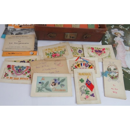 250 - Three antique die cut calendars for 1898, 1902 and 1903, a quantity of WWI silk postcards and a leat... 