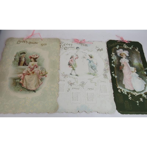 250 - Three antique die cut calendars for 1898, 1902 and 1903, a quantity of WWI silk postcards and a leat... 