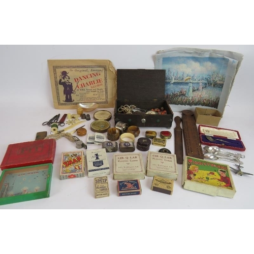 251 - A lot of mixed collectables including jewellery, needlework items, napkin rings, playing cards etc c... 