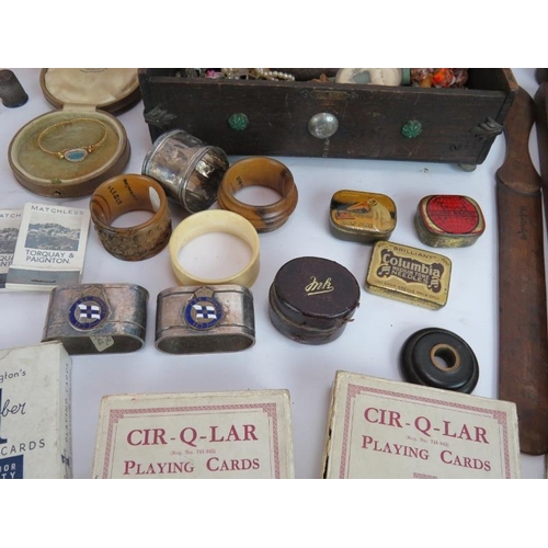 251 - A lot of mixed collectables including jewellery, needlework items, napkin rings, playing cards etc c... 