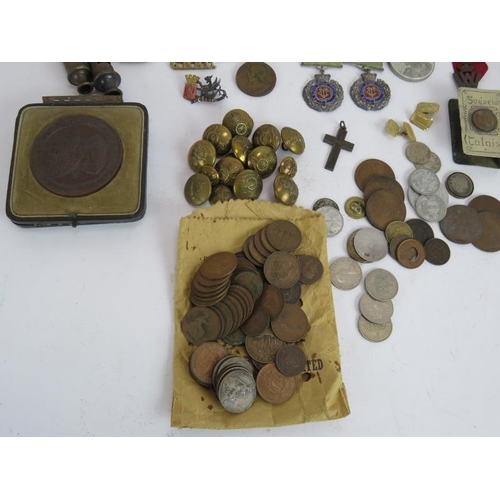 252 - A collection of mainly WWII era medals, badges, coins and related items including Boy Scouts badges ... 