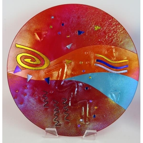 260 - Two large fused Art glass chargers of abstract design by Maggie Spencer, California both signed and ... 