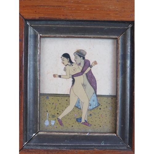 279 - An Indian Mughal erotic miniature, hand painted with a couple copulating standing upright in an inte... 