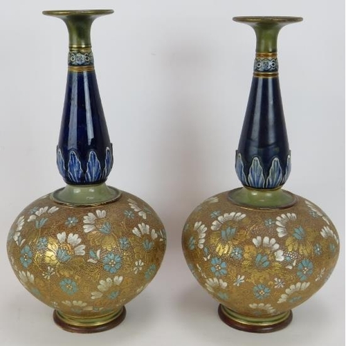 28 - A large pair of antique Doulton & Slaters stoneware vases with gilt lace decorated bodies & cobalt b... 