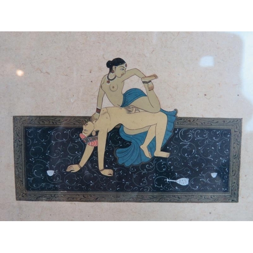 280 - An Indian Mughal erotic miniature, hand painted with a couple engaging in an adventurous sexual posi... 