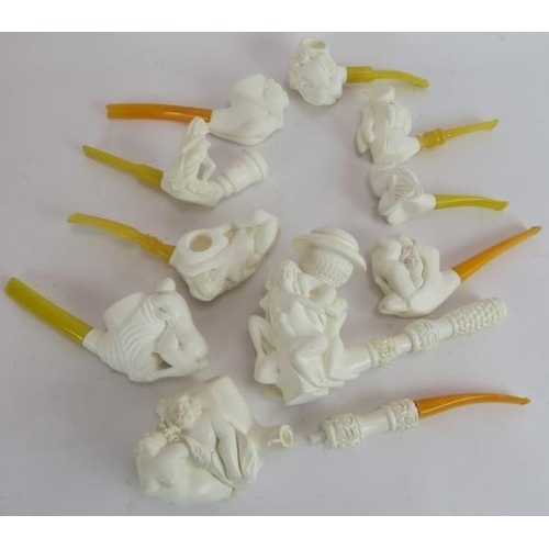 283 - A collection of 10 Turkish Meerschaum Erotic Pipes, modelled in relief with various naked bodies eng... 