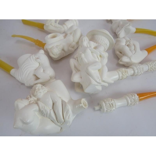 283 - A collection of 10 Turkish Meerschaum Erotic Pipes, modelled in relief with various naked bodies eng... 