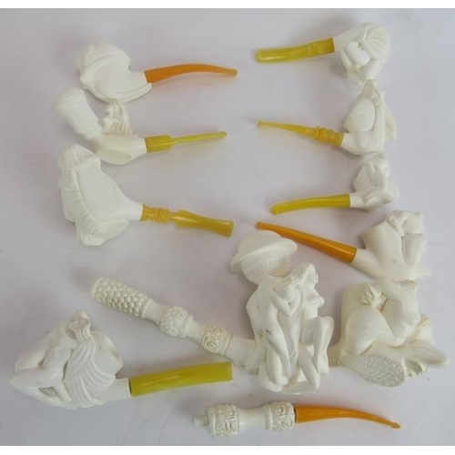 283 - A collection of 10 Turkish Meerschaum Erotic Pipes, modelled in relief with various naked bodies eng... 