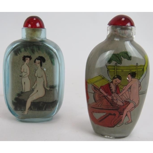 285 - Five Chinese erotic inside-painted glass snuff bottles, 20th Century, depicting naked figures and co... 