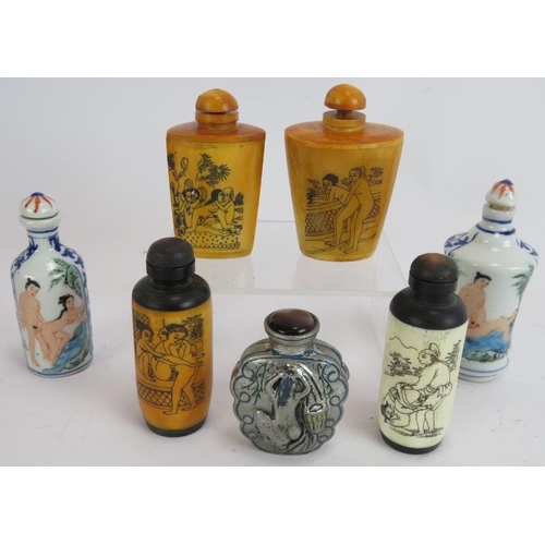 286 - Seven various Chinese Erotic snuff bottles, 20th Century, 2 x porcelain, 1 x bone, 1 x metal, 3 x si... 