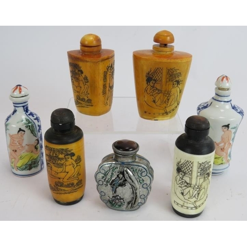 286 - Seven various Chinese Erotic snuff bottles, 20th Century, 2 x porcelain, 1 x bone, 1 x metal, 3 x si... 