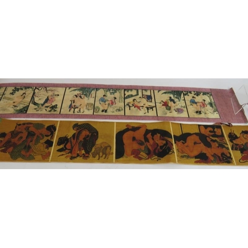 288 - Two Chinese erotic scrolls, each unfolding to reveal vignettes of couples indulging in various sexua... 