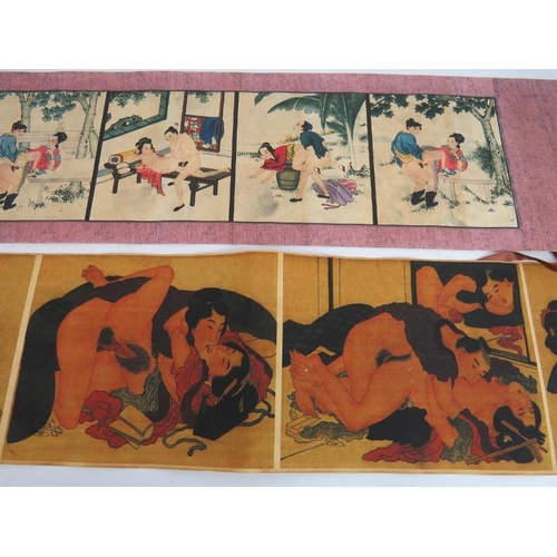 288 - Two Chinese erotic scrolls, each unfolding to reveal vignettes of couples indulging in various sexua... 