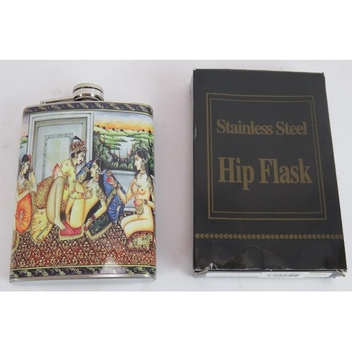 289 - A modern stainless steel hip flask (boxed) printed with a replica Indian Mughal erotic scene of a Pr... 