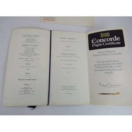 296 - A mixed lot of Concorde memorabilia including a 1977 menu, fact sheet, two in-flight entertainment m... 