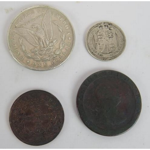 297 - A collection of coins and medallions including a 1900 silver Morgan US dollar, 1886 North Borneo one... 