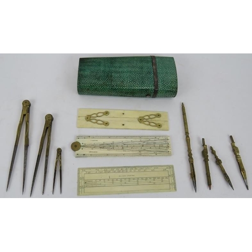 30 - An early 19th century shagreen Draughtsman's set Etui, containing two ivory rules stamped Fraser Lon... 